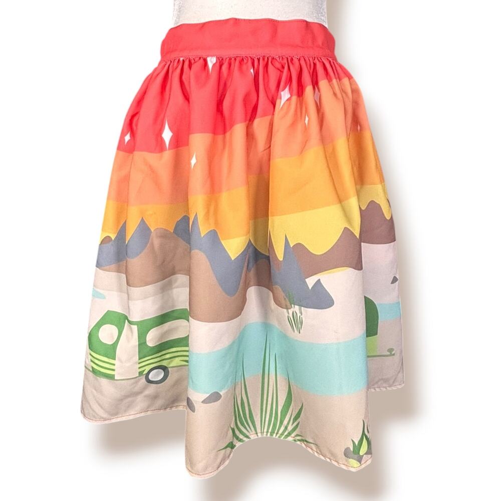 Retro Camping Flowing Midi Skirt Camper Desert Sunset Scenic Novelty A Line - Picture 2 of 10